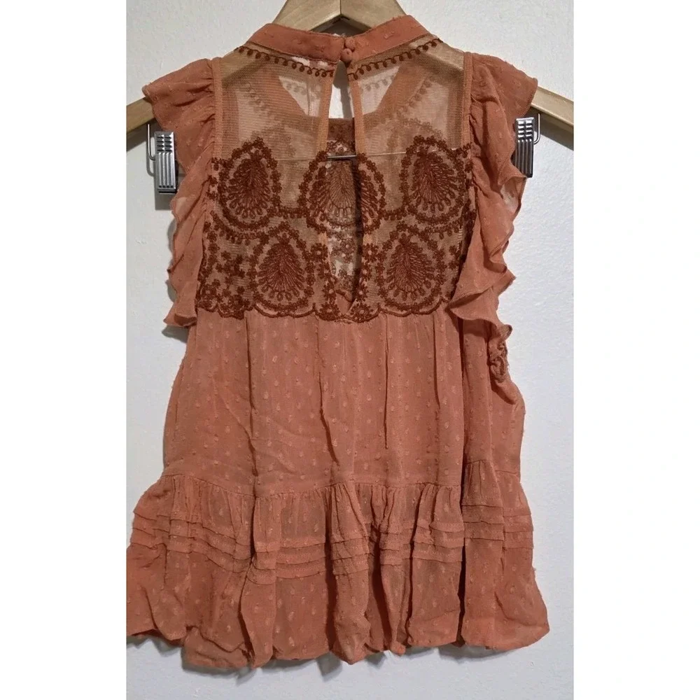 FREE PEOPLE Sheer Orange Embroidered Party Not Over Boho Top‎ XS Ruffle Hippie
